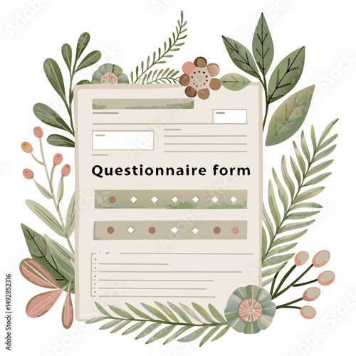Floral-Themed Questionnaire Illustration Featuring Delicate Leaves and Flowers Surrounding a Paper Form, Symbolizing Nature-Inspired Survey or Feedback Gathering