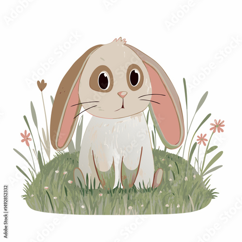 Adorable Cartoon Bunny Sitting in a Meadow Surrounded by Flowers and Grass Depicting Innocence and Tranquility in a Whimsical Garden Setting