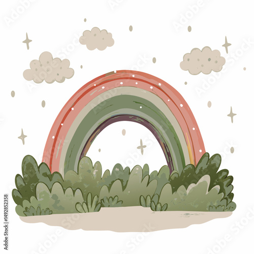 A whimsical illustration depicts a muted red and green rainbow above lush green bushes under a sky with fluffy clouds and sparkling stars, symbolizing serene harmony with nature.