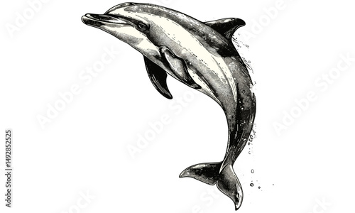 Vintage Dolphin Engraving, Monochrome Marine Line Art, Ocean Wildlife Etching, Nautical Black Sketch, Rustic Fauna Drawing, Detailed Dolphin Illustration