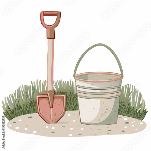 Illustration of Gardening Tools with Shovel and Bucket in Grass, Representing Leisurely Outdoor Activities and Home Gardening Enthusiasm