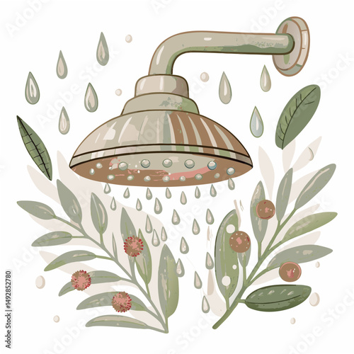 Shower Head with Flowing Water Surrounded by Greenery and Red Flowers, Symbolizing Freshness, Nature, and Eco-Friendly Living Conditions