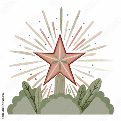 Rustic starburst illustration symbolizing growth and potential, featuring a stylized pink star rising from green foliage with radiating lines and dots.