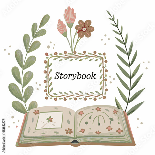 Whimsical illustration of an open storybook adorned with delicate flowers and leaves, evoking a sense of wonder and imagination often found in children's tales.