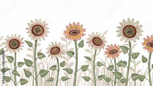 Whimsical Sunflower Field in Soft Pastel Tones Representing Natural Beauty and Tranquility in a Serene, Dreamlike Garden Landscape