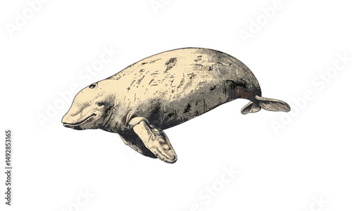 Hand-drawn dugong in vintage style, monochrome sea animal sketch, old marine life engraving, antique wildlife etching, retro black and white ocean illustration,