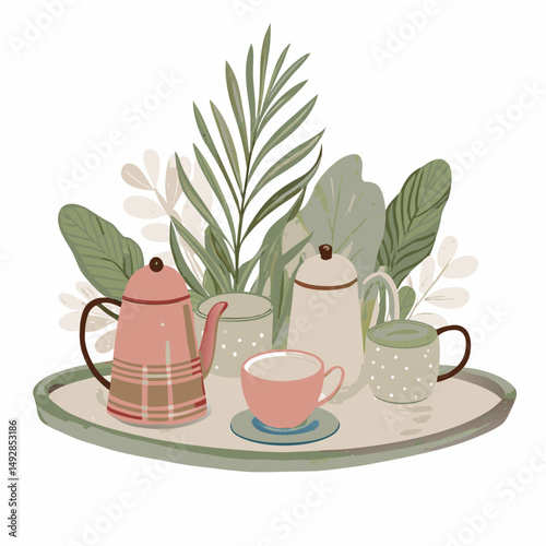 Charming Tea Time Scene with Pink Coffee Pot and Cups on a Tray Surrounded by Lush Greenery Illustrating Peaceful Morning Rituals and Tranquility