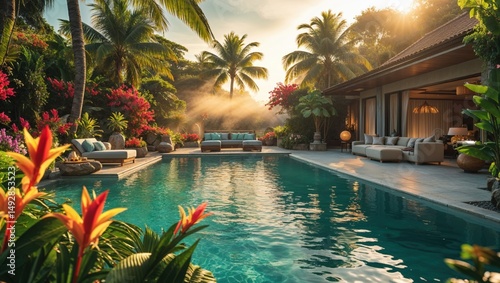 Luxury tropical villa with a stunning infinity pool. The warm sunlight illuminates lush greenery and creates a tranquil atmosphere.