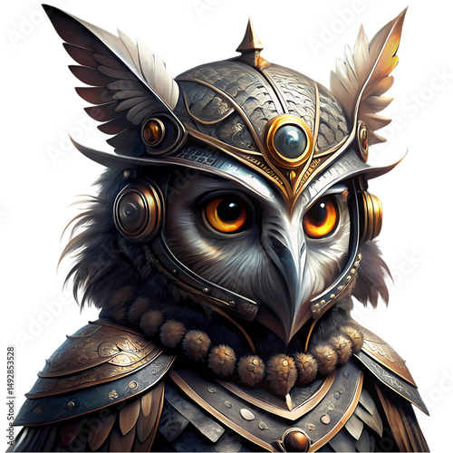 Fantasy Owl in Metallic Armor isolated on transparent background
