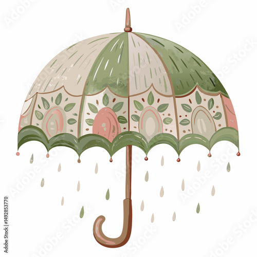 Whimsically Patterned Umbrella with Falling Raindrops in Pastel Colors Symbolizing Protection and Serenity on a Rainy Day