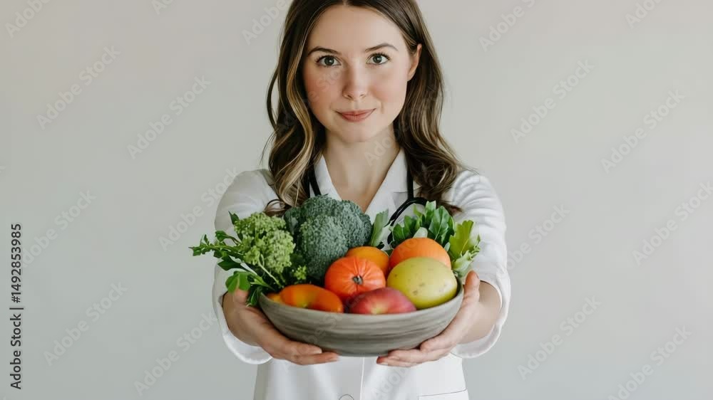 Smiling female doctor in lab coat holding bowl of fresh fruits and vegetables, promoting healthy eating and balanced diet. Smiling female doctor in lab coat holding bowl of fresh fruits and vegetables, promoting healthy eating and balanced diet.