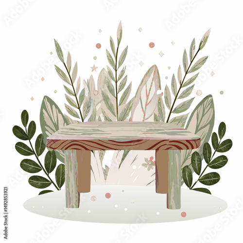 Rustic Wooden Bench Amid Lush Greenery and Subtle Floral Accents Evoking Tranquility and Natural Simplicity in a Peaceful Garden Setting