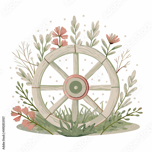 Rustic Wagon Wheel with Delicate Pink Wildflowers and Greenery Illustrates Nature's Harmony and Vintage Charm in Serene Countryside Setting