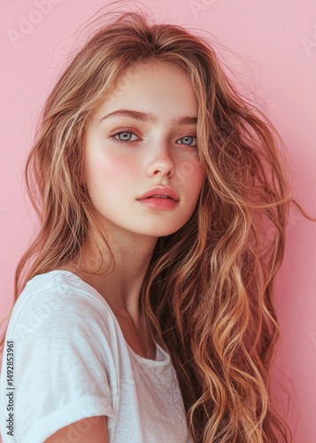 Portrait of a young long-haired girl on a pink background