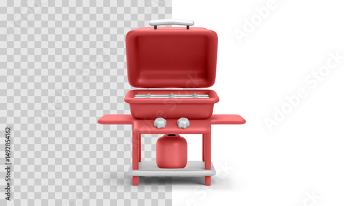 Barbecue Grill Icon With Red Lid And Gas Tank, Perfect For Outdoor Cooking, Picnic, Summer Party, And Food-Related Design Projects. Smooth 3D Illustration. Vector Illustration.