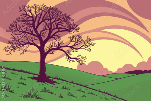 59 a single lone tree on a hill overlooking a valley, dramatic sunset sky, lush green grass, fantastical, surreal, digital art, 8k resolution, vivid colors, cinematic lighting, detailed landscape, dre