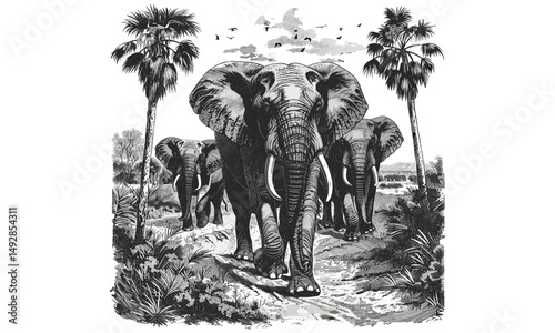 Antique Elephant Herd Engraving, Vintage Wildlife Etching, Monochrome Safari Mammals, Retro Animal Print, Rustic Nature Illustration, Old Black Sketch Art