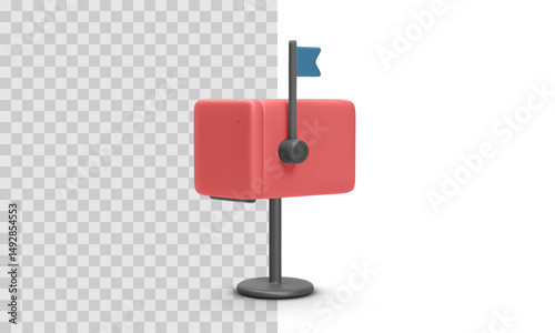 Red Closed Mailbox with Blue Flag on Pole for Postal or Email Delivery Icon in Isometric Style. Vector Illustration.