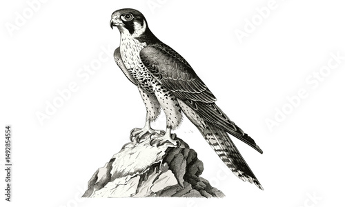 Antique Engraving of Falcon Hunting, Vintage Ornithology Etching, Detailed Bird of Prey Illustration, Retro Wildlife Line Art, Rustic Nature Print, Black sketch