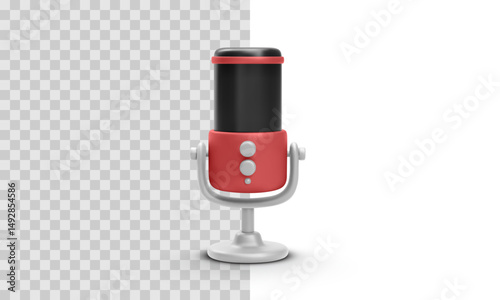 Realistic Studio Microphone in Red and Black with Stand for Podcast, Recording, or Streaming. Vector Illustration.