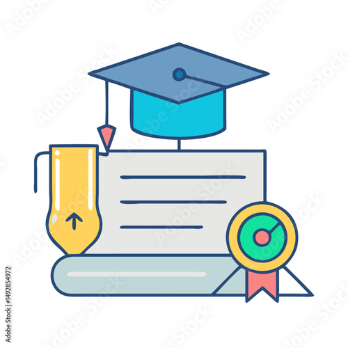 Illustration of graduation cap diploma and seal for education
