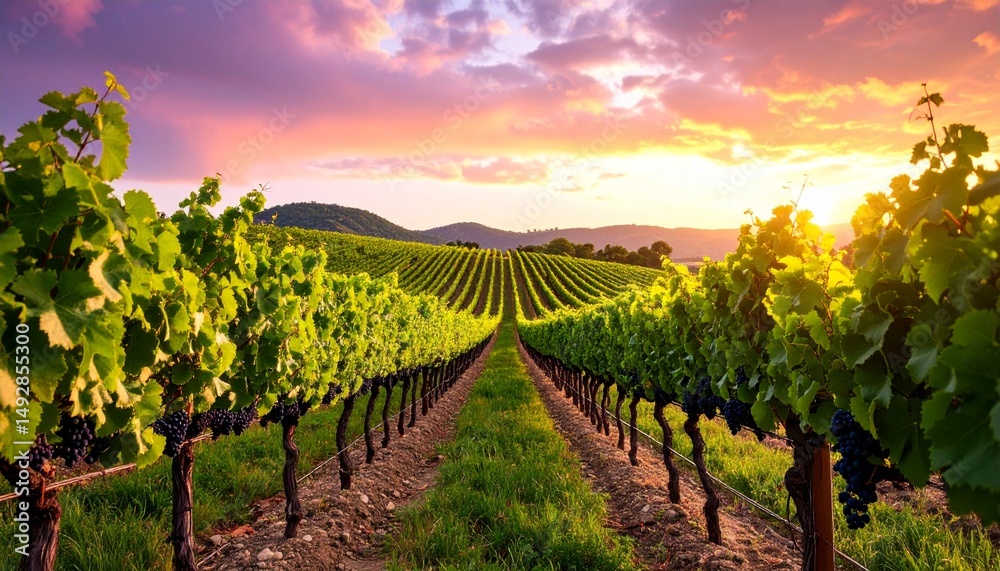 Fototapeta premium this stunning vineyard image captures the magical dusk light with vibrant clouds and lush grapevines evoking feelings of peace beauty and connection to nature