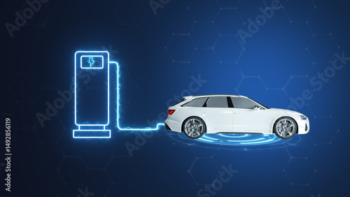 electric car charger station digital technology. vehicle charging low poly wireframe. vector illustration in fantastic technology. ev car concept on blue background.