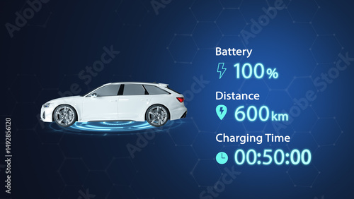 Electric Vehicle battery charging Dashboard Interface with Side view electric car charging battery vector design concept. EV charging design for Electric Car, EV station, ui, clean energy