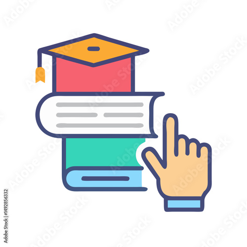 Stack of books and graduation cap with pointer finger