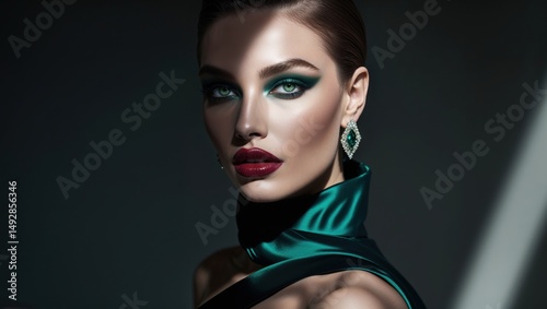 Portrait of a young woman with dark hair and dramatic emerald green eye makeup, wearing a teal satin top and emerald earrings. Mysterious and elegant.