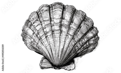 Hand-drawn Ocean Creature Illustration, Antique Engraving of Giant Clam Shell, Vintage Marine Life, Retro Sea Art Style, Monochrome Etching, Nautical decor
