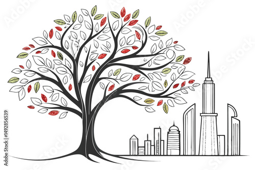 60 detailed, high quality, 3d illustration, architectural tree, city skyline, skyscrapers, buildings, leaves, branches, organic, volumetric, vibrant colors, clean lines, minimalist style