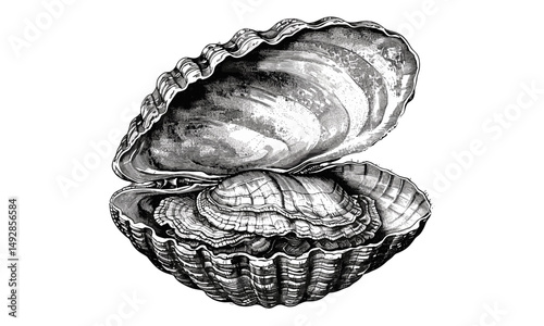 Antique Engraving of Giant Clam Shell, Vintage Marine Life Sketch, Black and White Ocean Creature Illustration, Retro Sea Art, Hand-drawn Etching, Ocean art