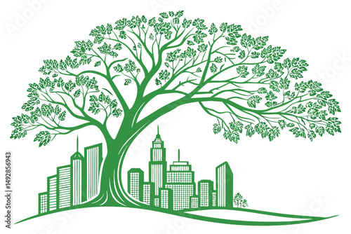 60 detailed, high quality, 3d illustration, architectural tree, city skyline, skyscrapers, buildings, leaves, branches, organic, volumetric, vibrant colors, clean lines, minimalist style