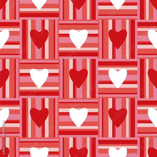 Preppy flirty Gingham hearts pink seamless vector pattern. Tartan check texture tablecloths napkins