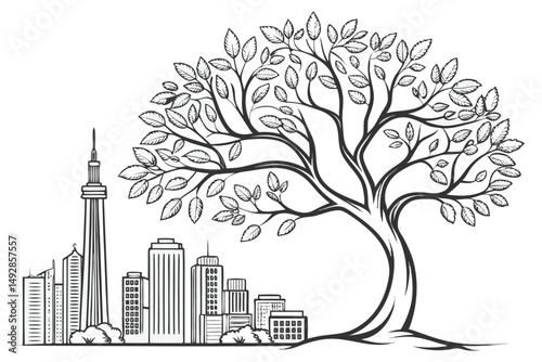 60 detailed, high quality, 3d illustration, architectural tree, city skyline, skyscrapers, buildings, leaves, branches, organic, volumetric, vibrant colors, clean lines, minimalist style