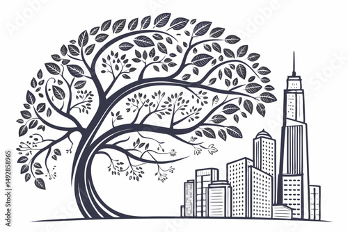 60 detailed, high quality, 3d illustration, architectural tree, city skyline, skyscrapers, buildings, leaves, branches, organic, volumetric, vibrant colors, clean lines, minimalist style