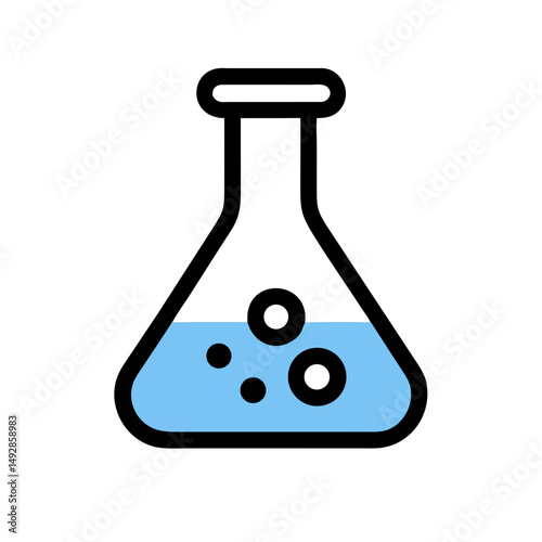 Flat design blue chemical flask with black circular shapes