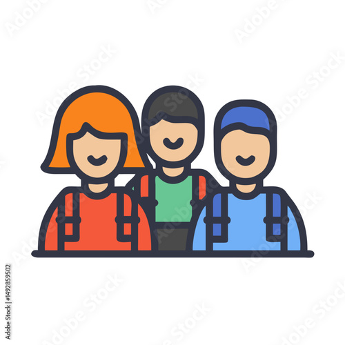 Three friendly cartoon students ready for school together