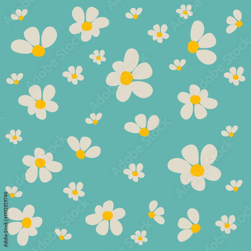 Bright and cheerful daisy floral pattern in seamless style on a soft green background. Perfect for fabric, wallpaper, stationery, spring or summer design. Trendy and minimal flower illustration.