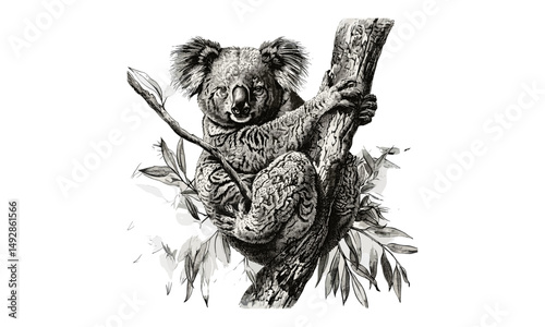 Vintage Koala on Eucalyptus, Monochrome Wildlife Line Art, Rustic Nature Etching, Antique Animal Illustration, Handcrafted Fauna Drawing, forest animal wall art