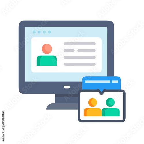 Online video conference meeting on computer, flat icon style