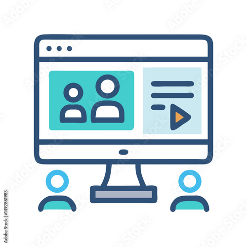 Virtual conference on computer screen with teal video interface