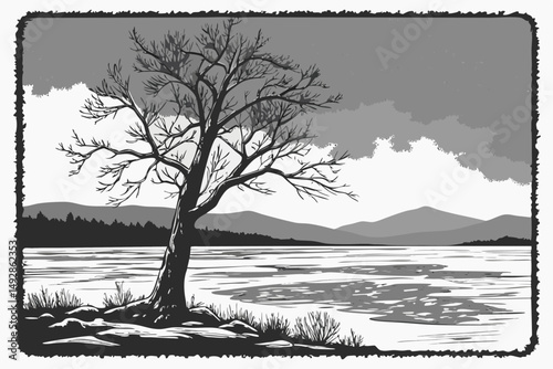 61 wintry lake landscape, lone tree in lake, dramatic cloudy sky, mountains in background, black and white, sketch photo effect