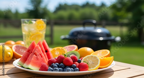 Summer Feast: A vibrant composition of refreshing summer fare graces a rustic wooden table, showcasing a colorful assortment of seasonal fruits and a cooling beverage with grill.