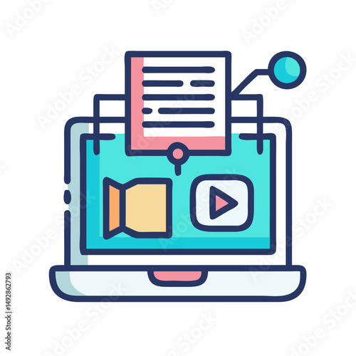Laptop with document and video content flat illustration