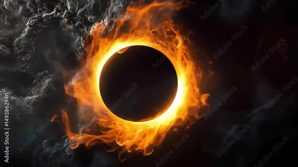 total solar eclipse with corona of flame and smoke on dark space background, dramatic effect