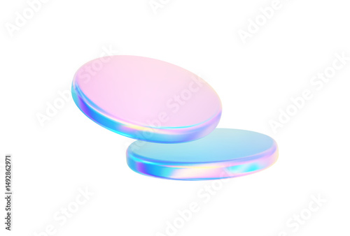 3d glass disk shape hologram effect. Render abstract neon pink blue coin. Fly round podium, disc, badge, lens, plate crystal isolation. Y2k hologram shape. Vector trendy illustration
