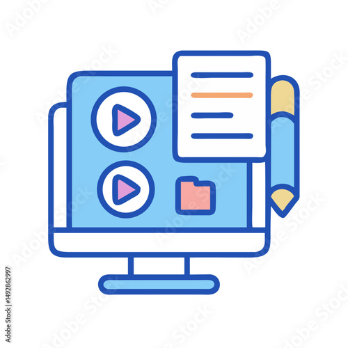 Animated computer screen icon with video folder and pencil