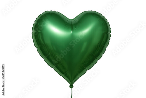 Shiny green heart-shaped balloon floating with a string attached, isolated on a transparent background